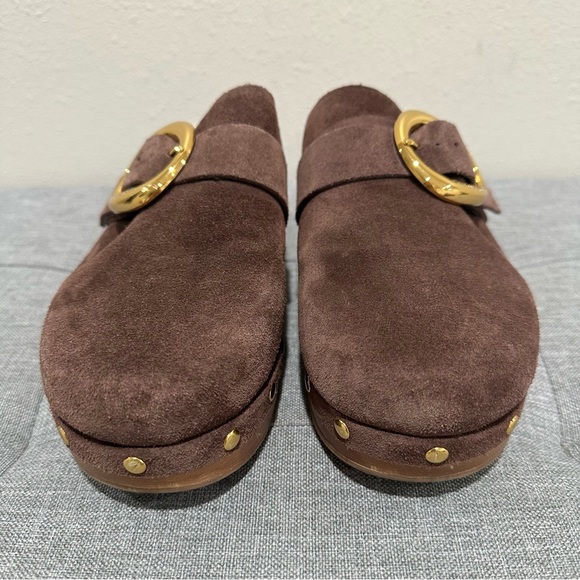 Vince Camuto Canzenee Chocolate Suede Mules with Gold Buckle - Picture 3 of 10